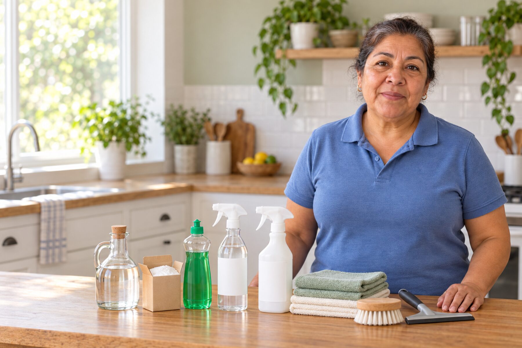Isabella at her kitchen counter with her cleaning basics